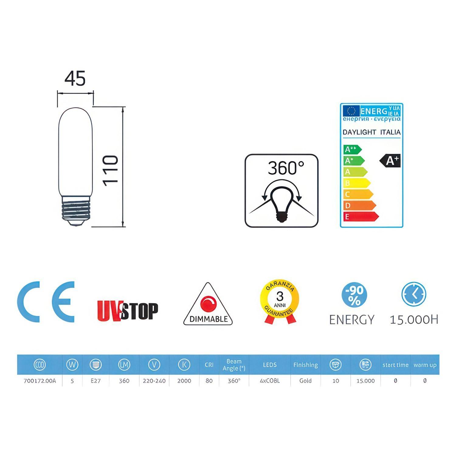 LED-Glühbirne 5W 360Lm E27 Gold ovalförmig T45 , 2000K Dimmbar