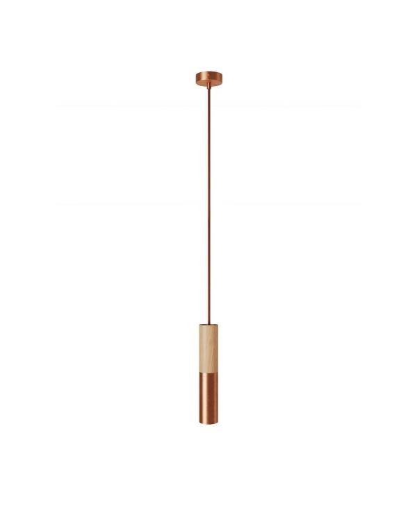 Pendelleuchte Made in Italy, komplett mit Textilkabel und doppeltem Tub-E14 Lampenschirm aus Holz und Metall