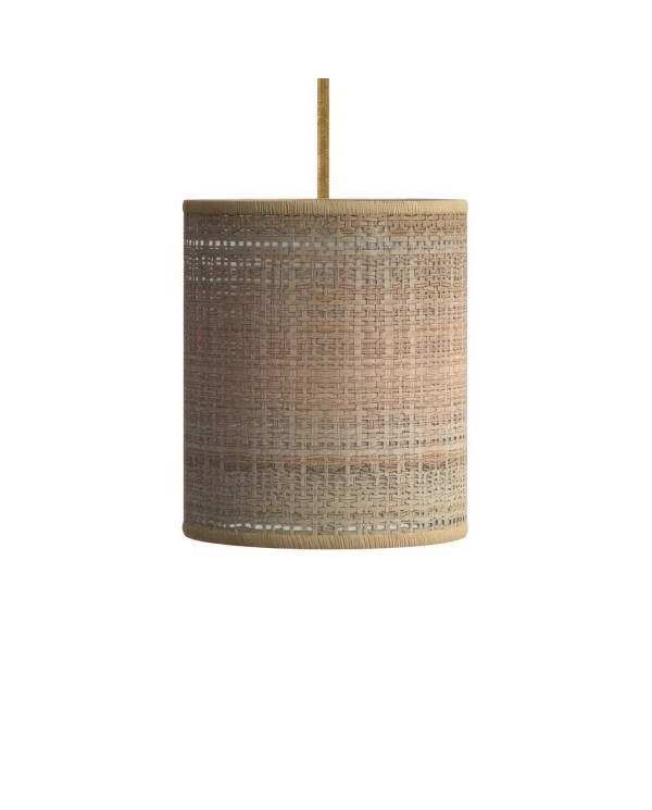 Pendelleuchte inklusive Textilkabel, zylinderförmiger Lampenschirm aus Bast und Metall-Zubehör - Made in Italy