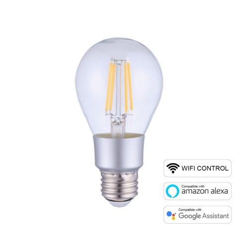 SMART LED-Glühbirne Tropfen A60 WI-FI Transparent mit geradem Filament, 6W 700Lm E27 2700K Dimmbar