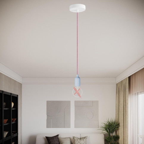 Pendelleuchte Made in Italy, komplett mit Textilkabel und doppeltem Tub-E14 Lampenschirm aus Holz und Metall