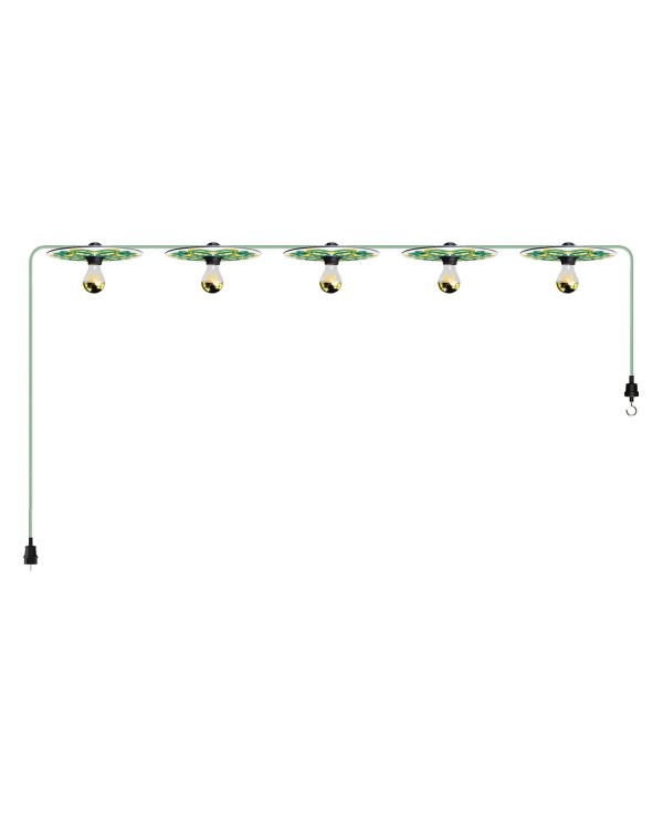 Lumet Lichterkettensystem 'Maiolica', 7,5 m lang, mit Textilkabel, 5 Fassungen und Lampenschirmen, Haken und schwarzem Stecker