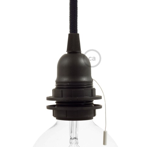 E27-Lampenfassungs-Kit aus Thermoplastisches mit Doppelklemmring und Zugschalter für Lampenschirme - Schwarz