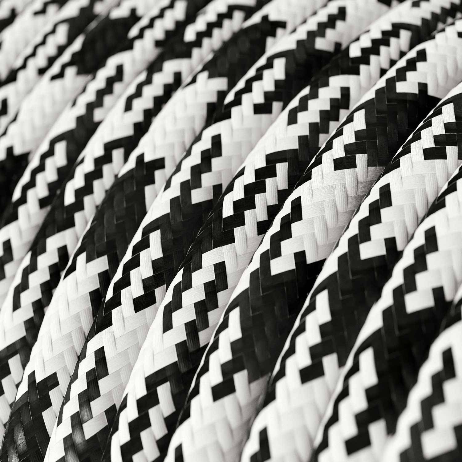 Textilkabel, weiß-kohlenschwarz Hahnentrittmuster glänzend - Das Original von Creative-Cables - RP04 rund 2x0.75mm / 3x0.75mm