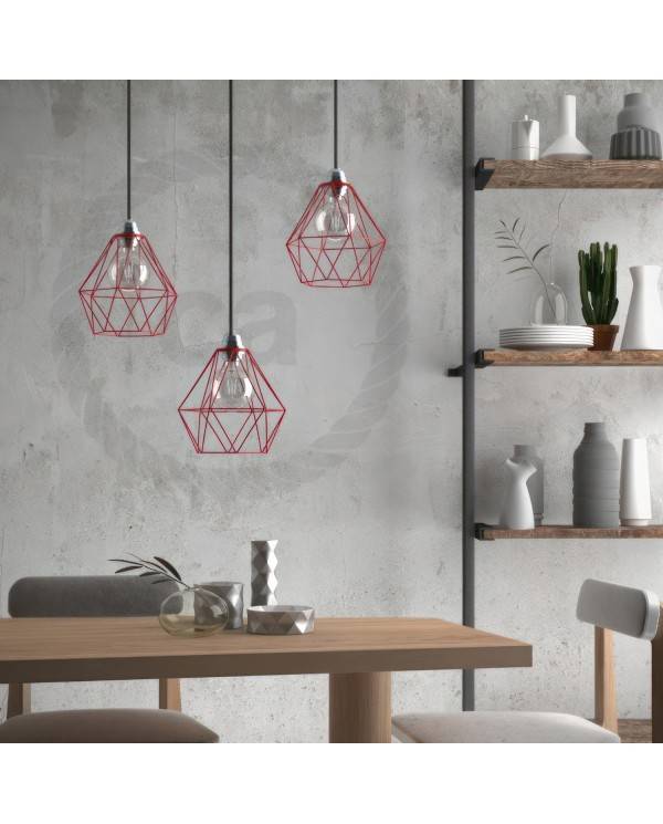 Pendelleuchte inklusive Glühbirne, Textilkabel, diamantförmiger Lampenschirmkäfig und Metall-Zubehör - Made in Italy