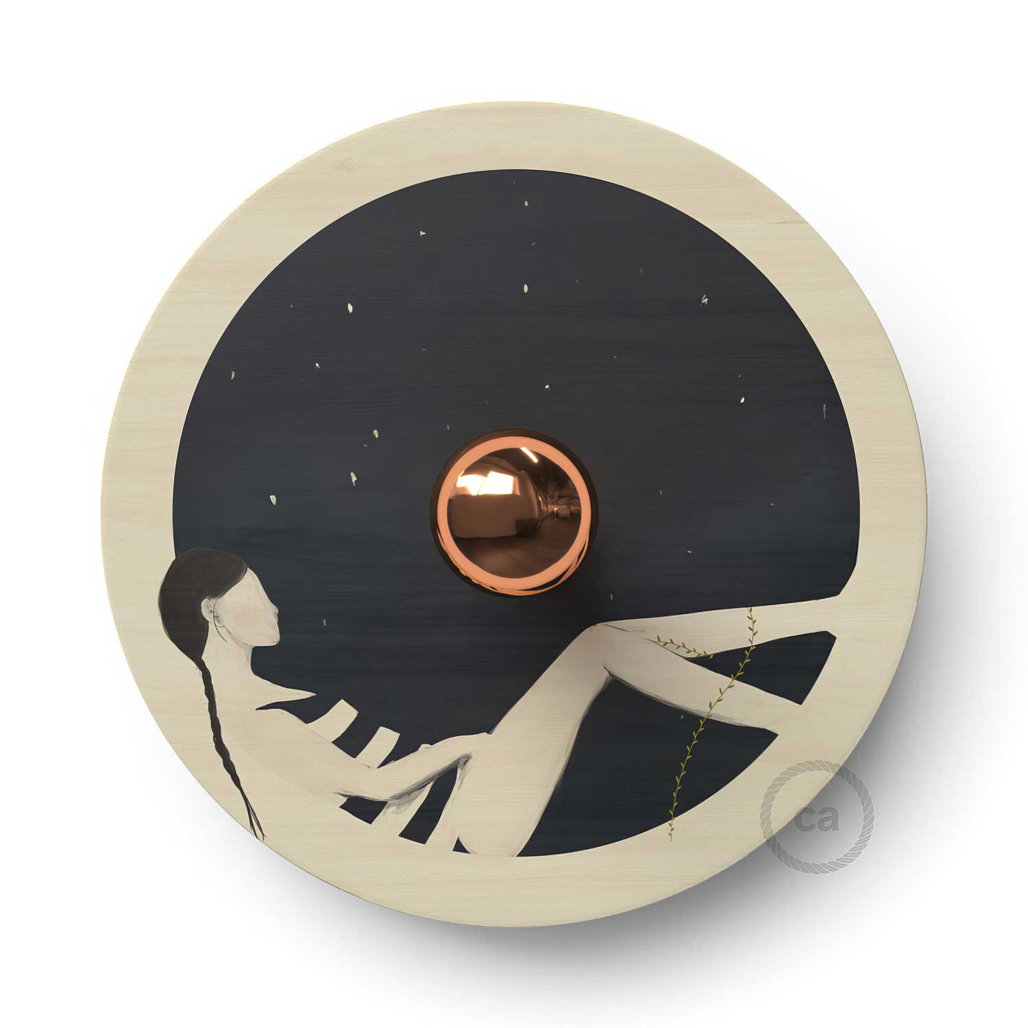 Fermaluce Romantic con paralume UFO in legno double-face illustrato da Chiara Fucà