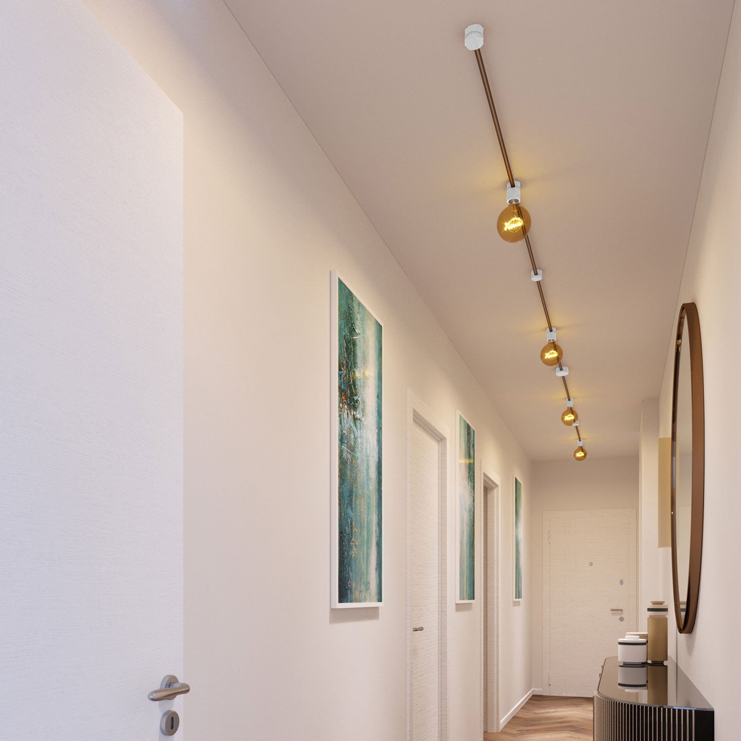 Sistema Filé Symmetric Kit - con cavo CM27 di 5 m per catenaria e 9 componenti in legno verniciato bianco per interni