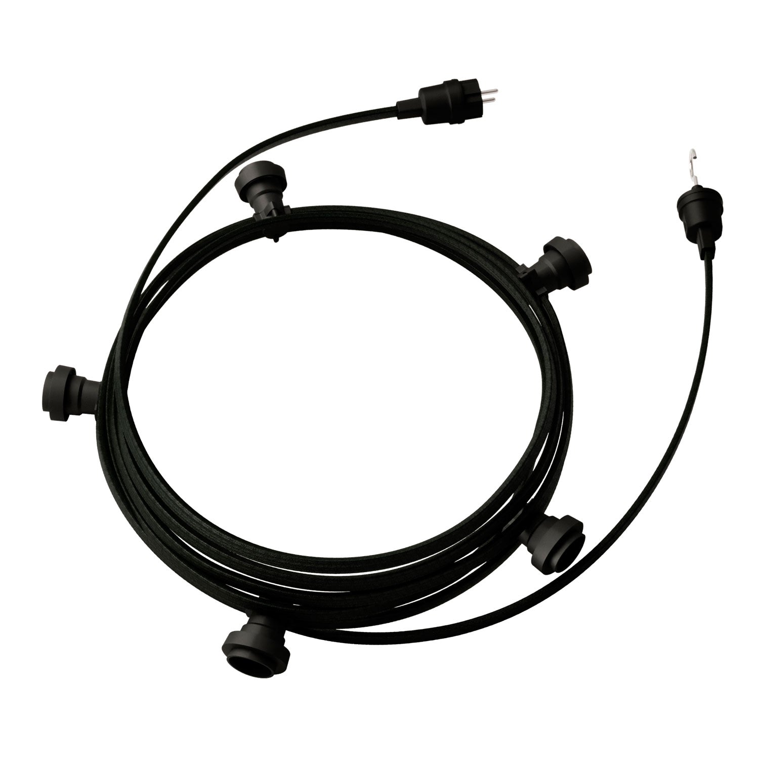 Catenaria Sistema Lumet da 7,5 m con cavo tessile CM04, 5 portalampada, gancio e spina neri