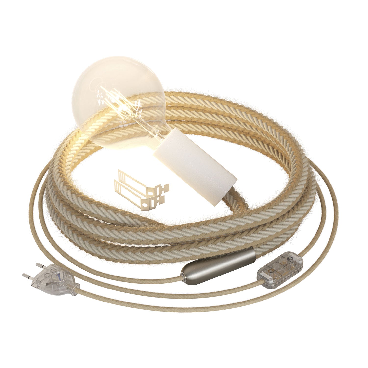 SnakeBis Corda - Lampada plug-in bianca con cordone trecciato in juta