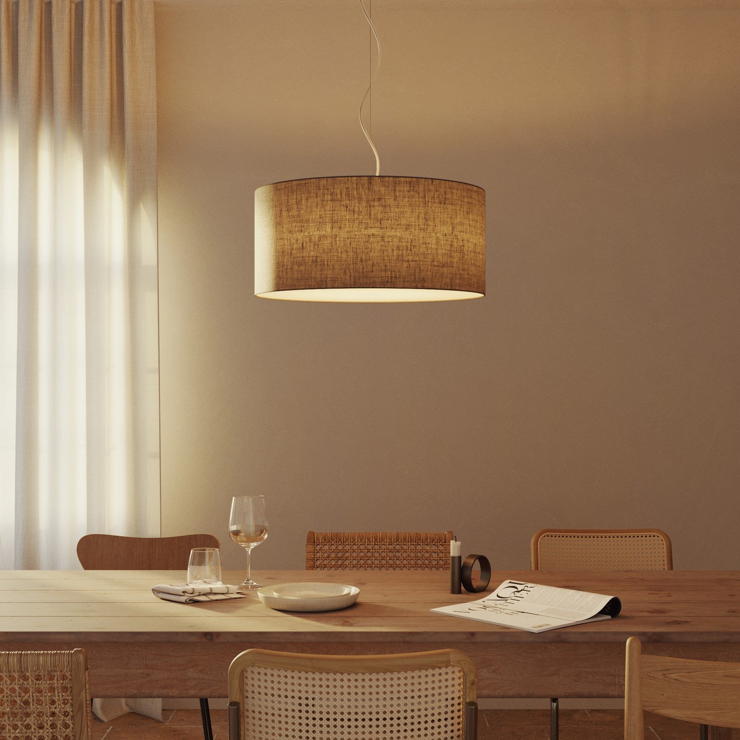 Lampada a sospensione con paralume in tessuto Cilindro Large - Made in Italy - Camelot Marrone Si