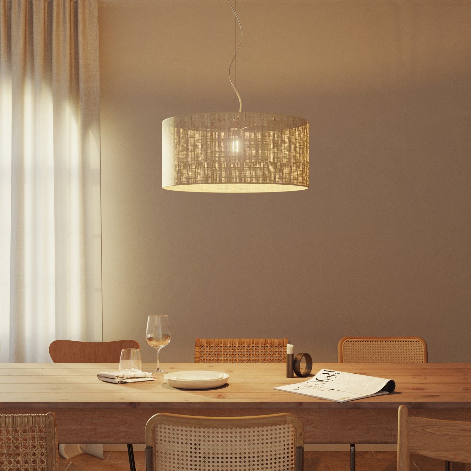 Lampada a sospensione con paralume in tessuto Cilindro Large - Made in Italy - Raphia No