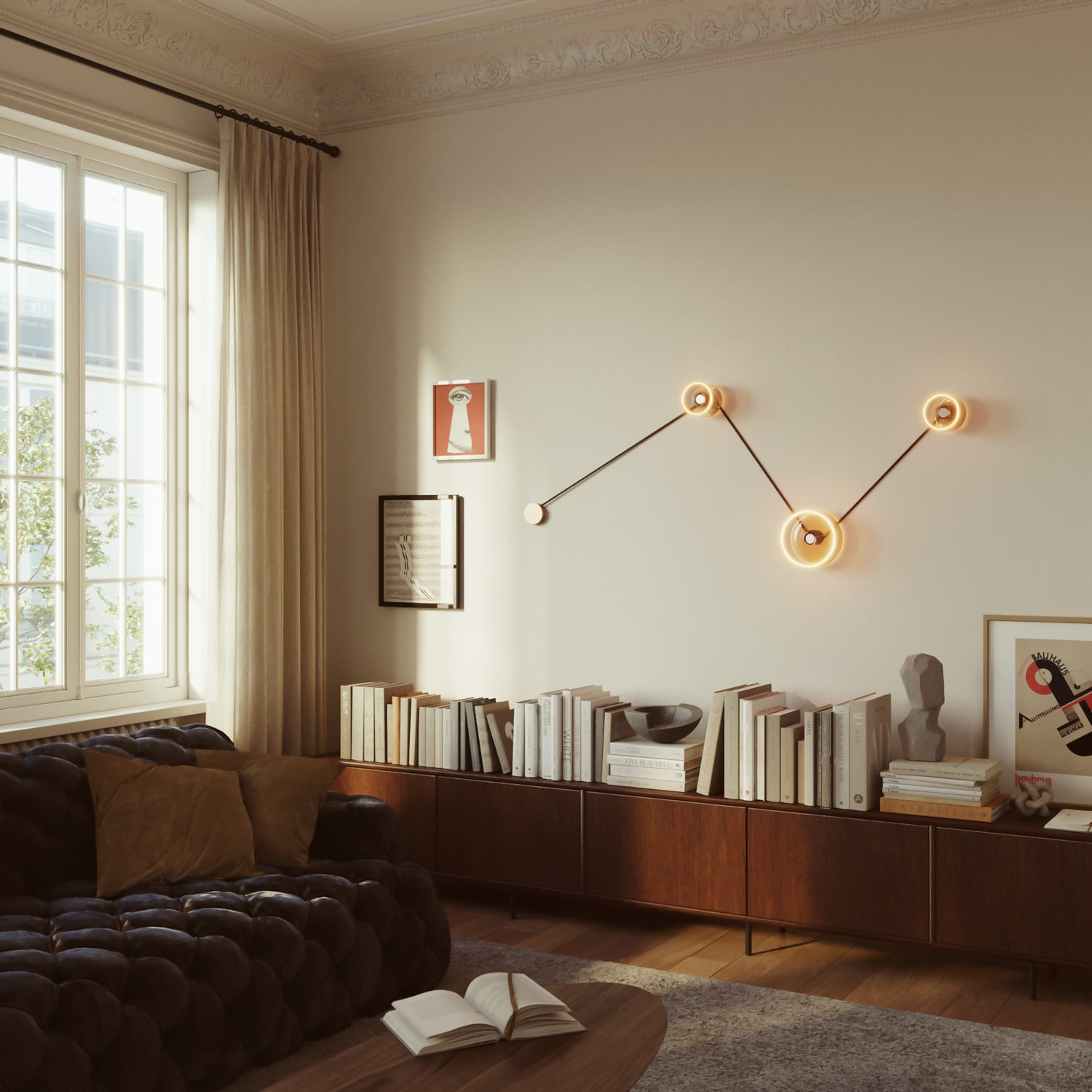 Lampada da parete Spostaluce con 3 lampadine Ghost e cavo nero e oro