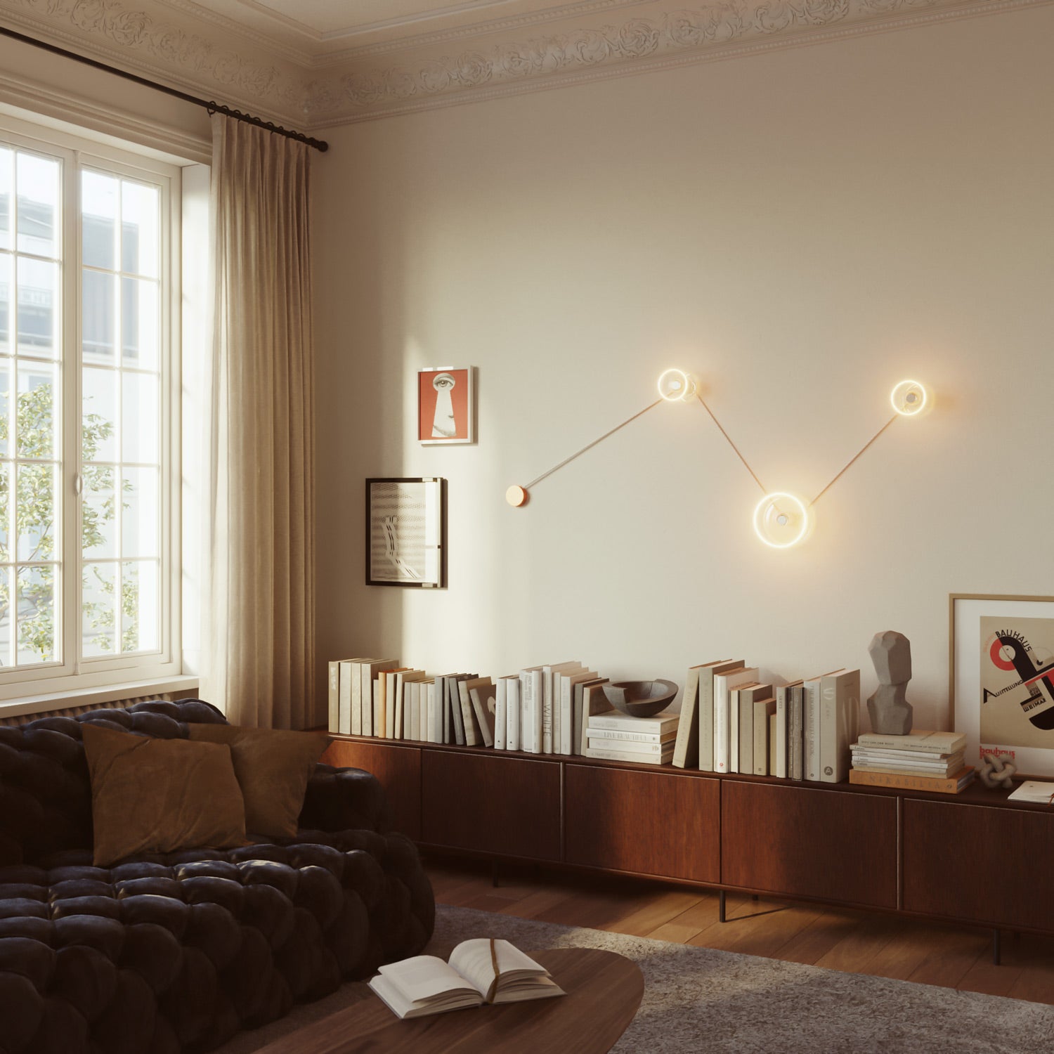Lampada da parete Spostaluce con 3 lampadine Ghost e cavo bianco e oro