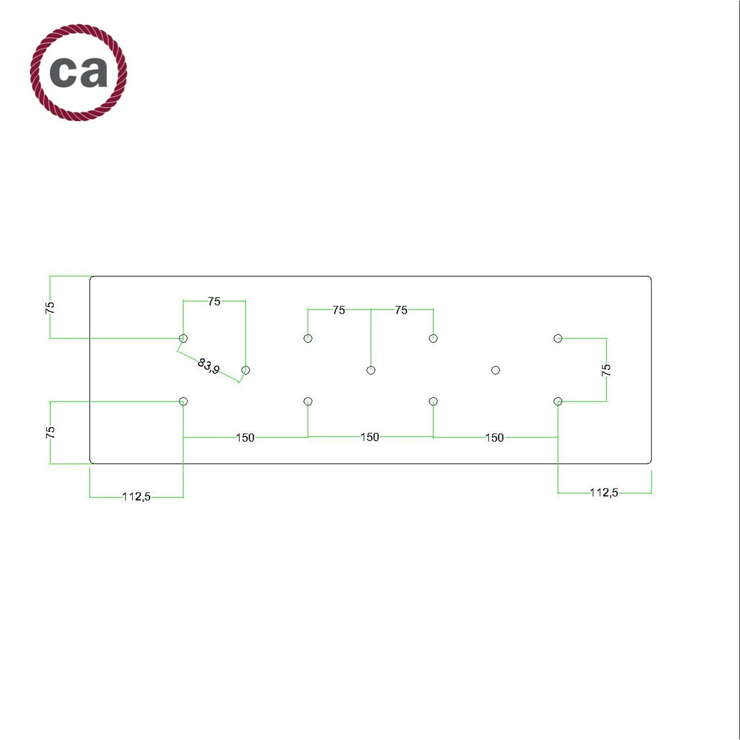 Rosone XXL Rose-One rettangolare a 11 fori e 6 fori laterali, dimensioni 675 x 225 mm - Dibond Bianco opaco Bianco