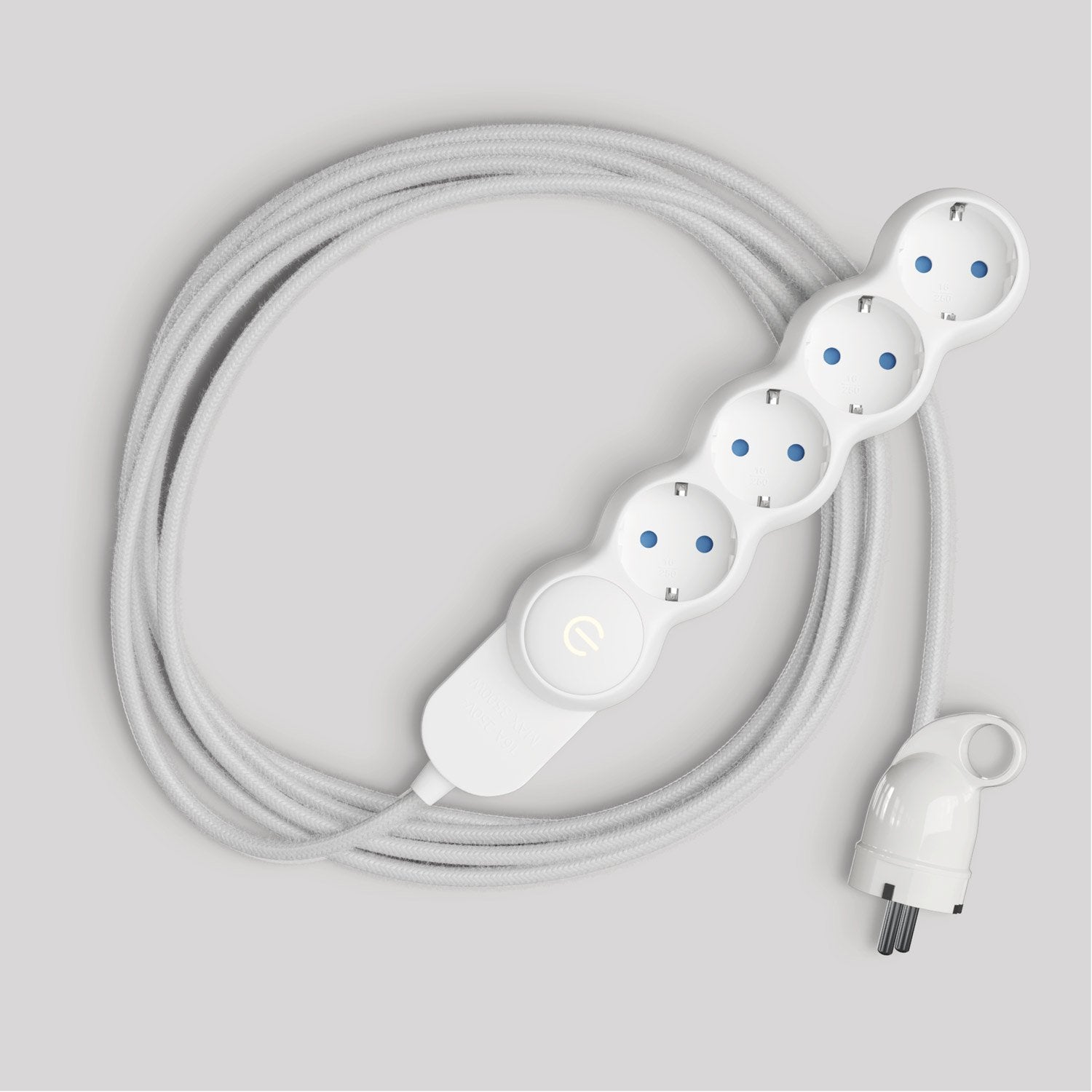 Multipresa tedesca con cavo in tessuto bianco lucido e spina Schuko con anello comfort Bianco
