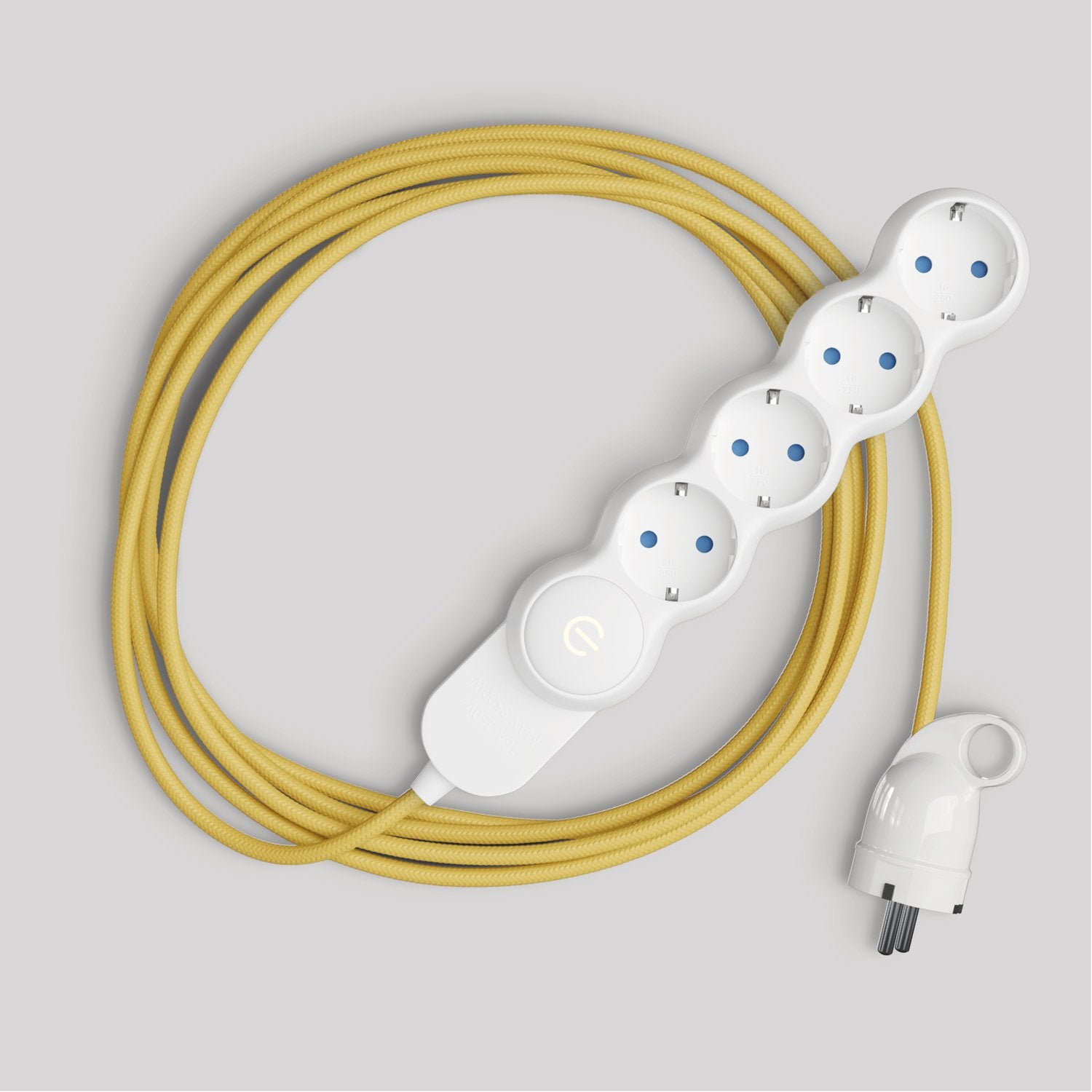 Multipresa tedesca con cavo in tessuto giallo lucido e spina Schuko con anello comfort Bianco