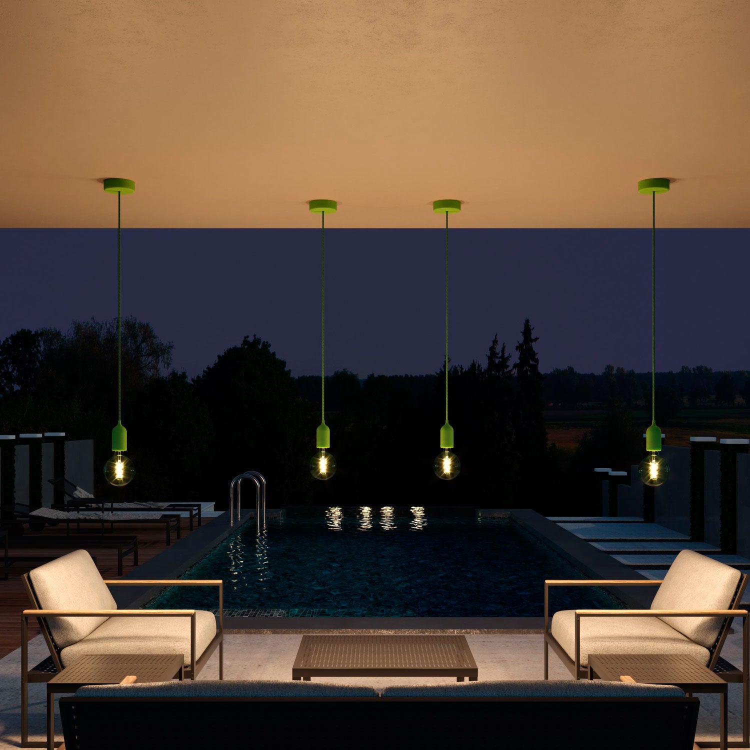 Modulair PASTEL Lampada da esterno con 1,5 m cavo tessile, rosone e portalampada in silicone IP65 waterproof - Verde prato