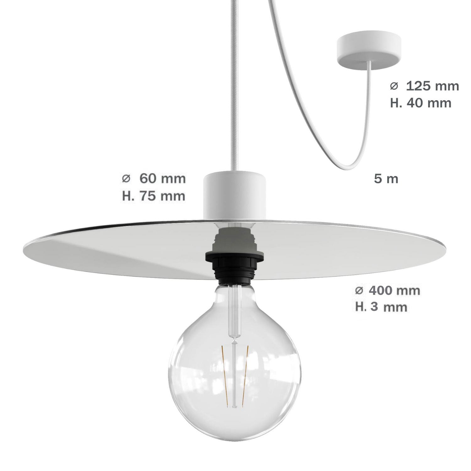 Modulair ELEGANT Lampada con 5 m cavo tessile, paralume Ellepì, rosone e portalampada in silicone IP65 waterproof - Bianco