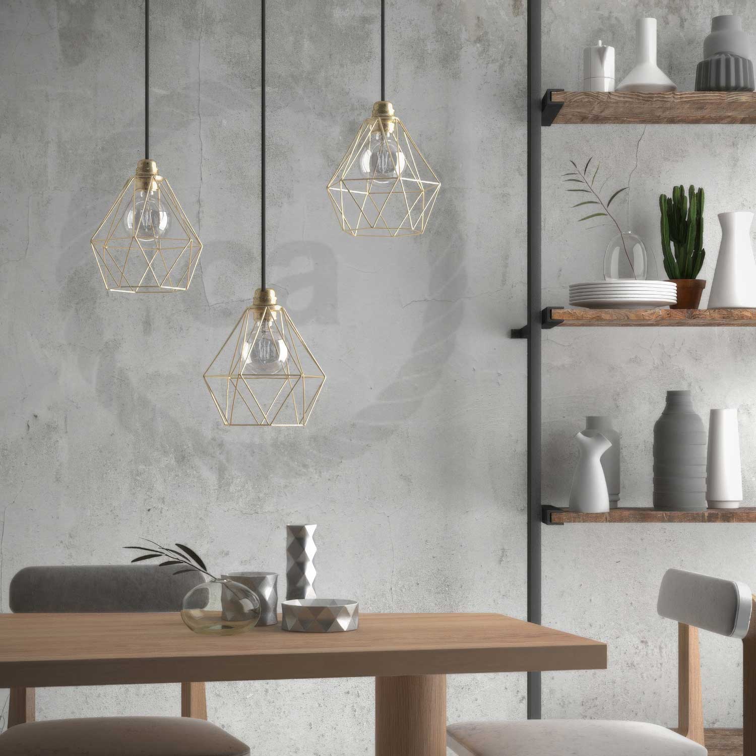Lampada a sospensione completa di cavo tessile, paralume gabbia Diamond e finiture in metallo - Ottone