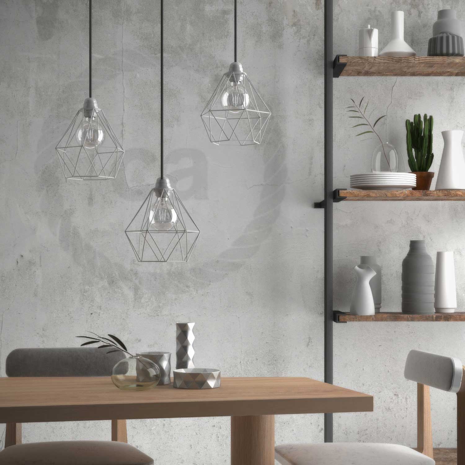 Lampada a sospensione completa di cavo tessile, paralume gabbia Diamond e finiture in metallo - Bianco