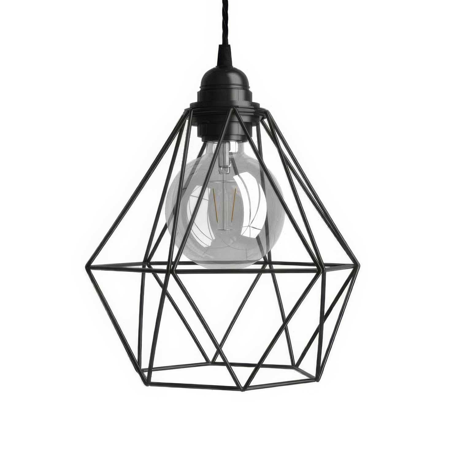 Lampada a sospensione completa di cavo tessile, paralume gabbia Diamond e finiture in metallo - Nero