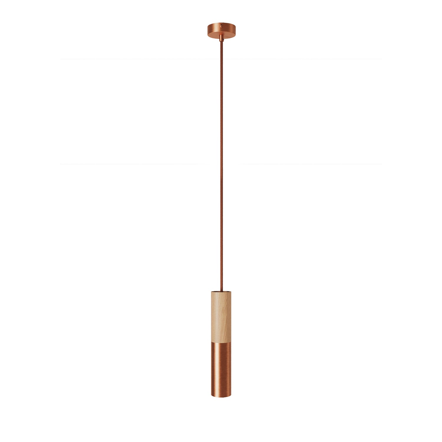 Lampada a sospensione Made in Italy completa di cavo tessile e doppio paralume Tub-E14 in legno e metallo - Rame satinato