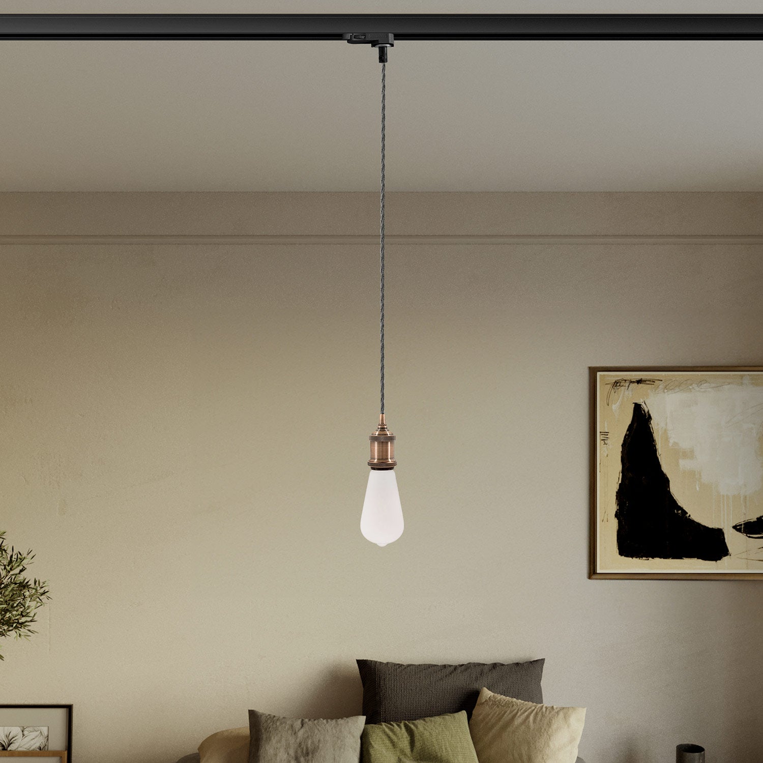 Lampada a sospensione vintage per binari con cavo trecciato - Rame satinato