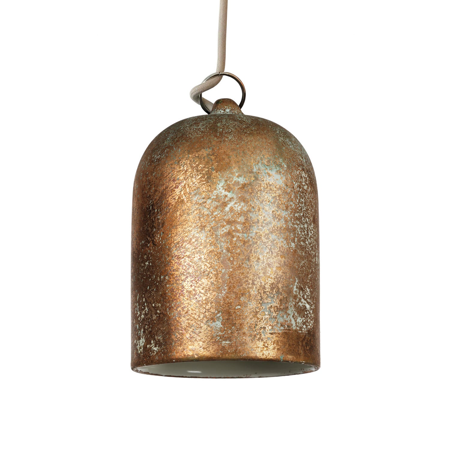 Lampada a sospensione completa di cavo tessile e paralume Mini Campana XS in ceramica - Effetto verde rame