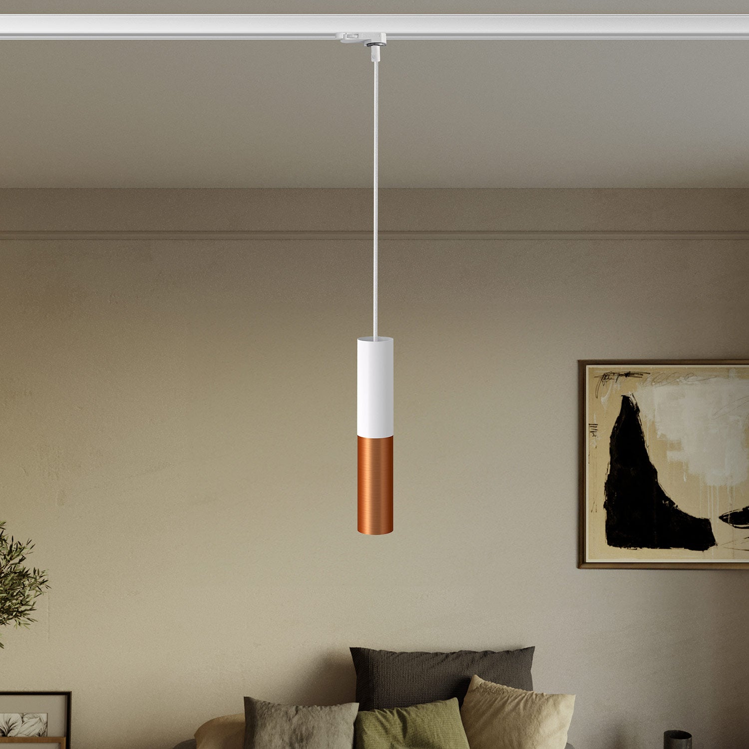 Lampada a sospensione per binari con doppio paralume Tub-E14 - Bianco e Rame satinato