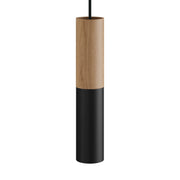 Lampada a sospensione completa di cavo tessile e doppio paralume Tub-E14 in legno e metallo - Nero