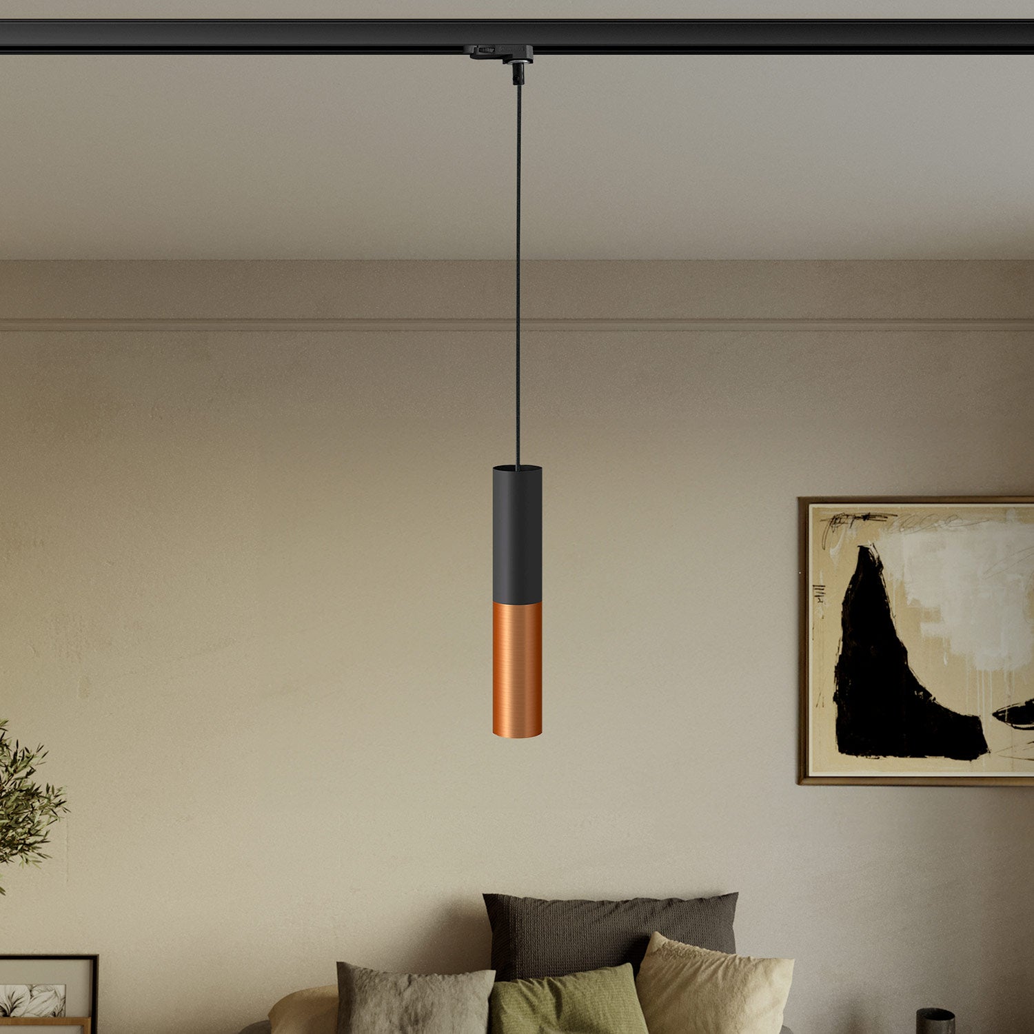 Lampada a sospensione per binari con doppio paralume Tub-E14 - Nero e Rame satinato