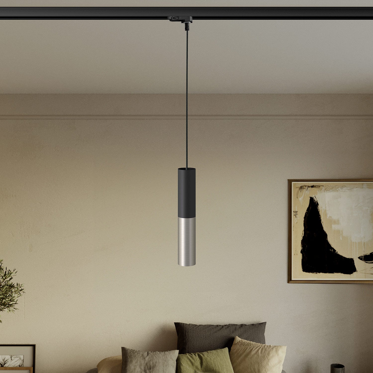 Lampada a sospensione per binari con doppio paralume Tub-E14 - Nero e Titanio satinato