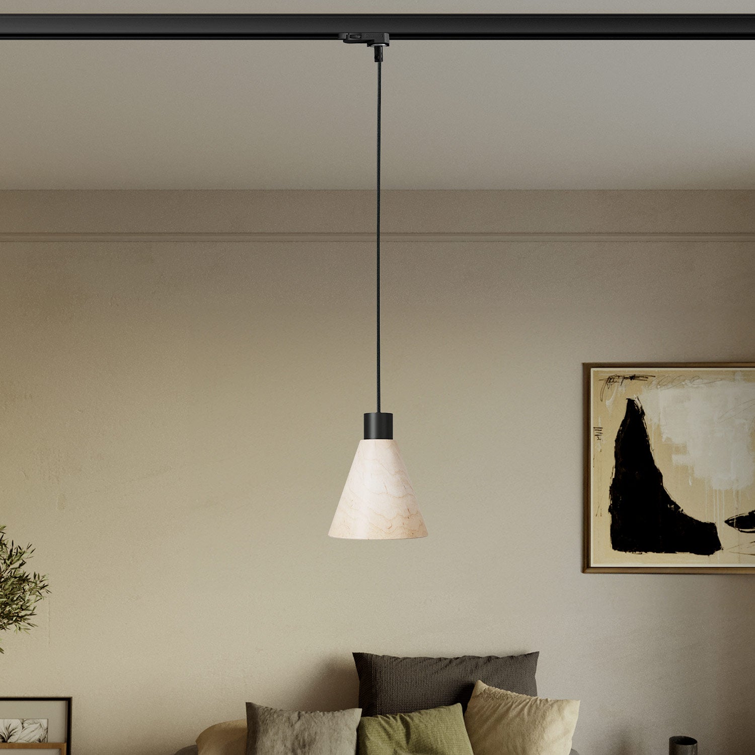 Lampada a sospensione per binari con paralume conico in legno - Nero