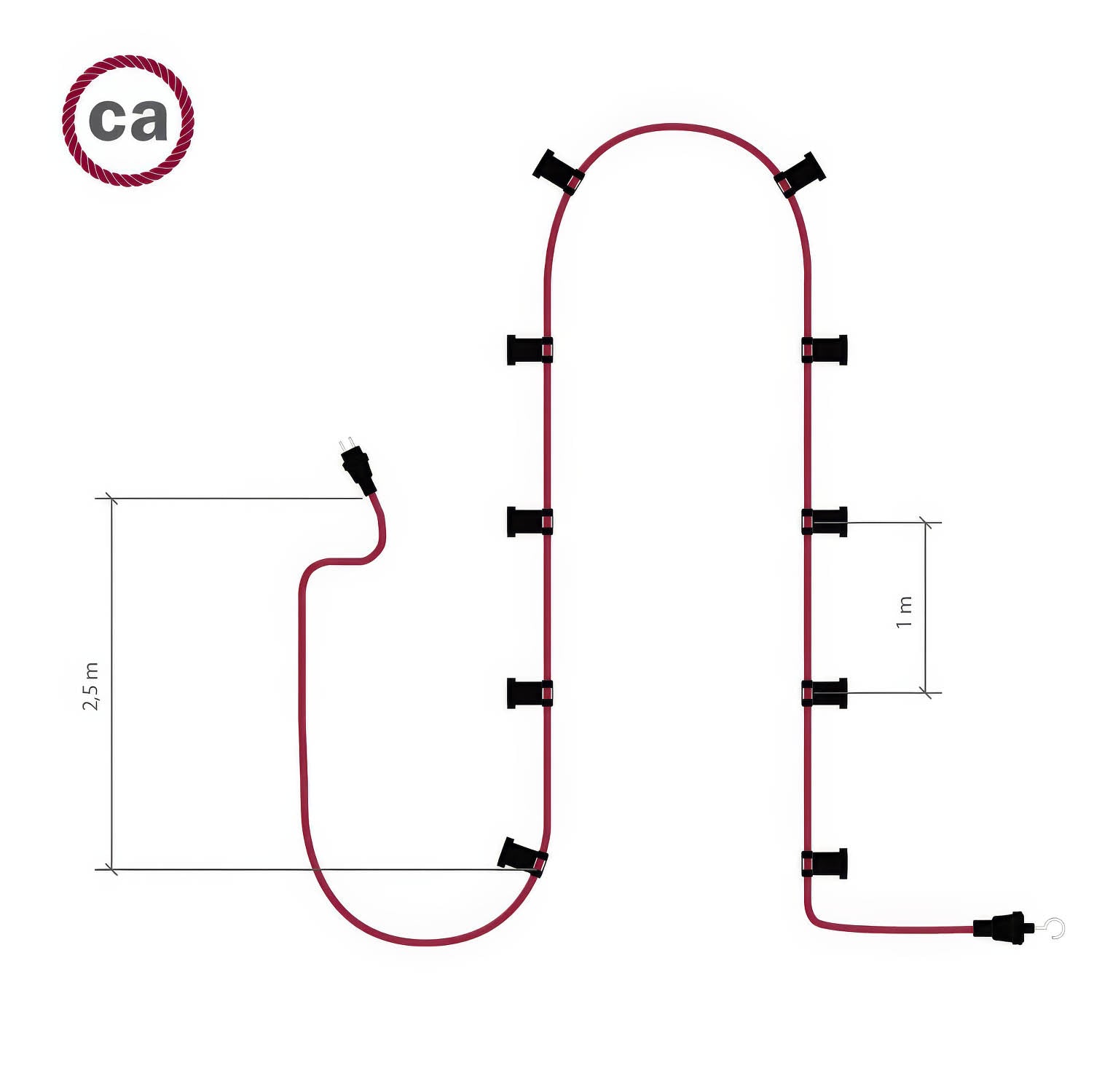 Catenaria Sistema Lumet da 12,5 m con cavo tessile CM04, 10 portalampada, gancio e spina bianchi