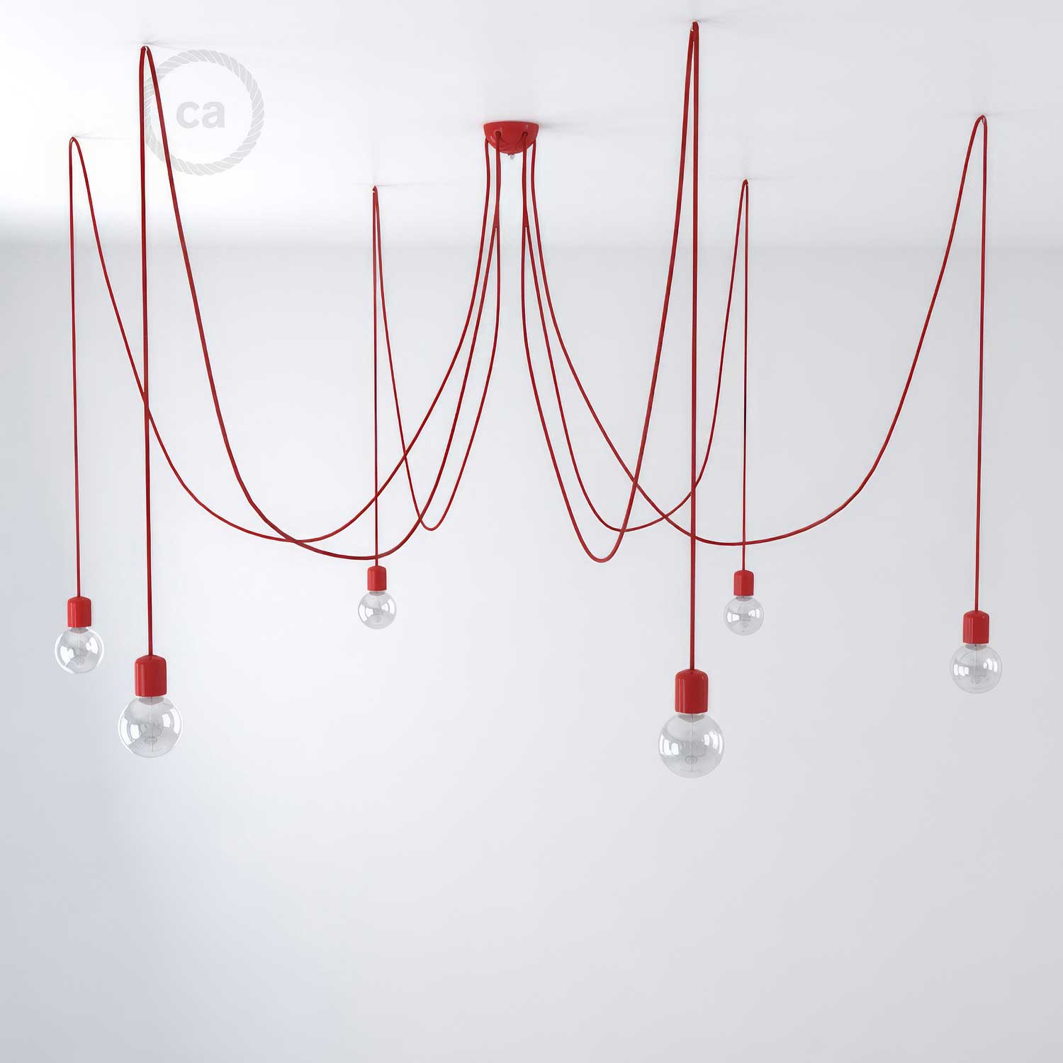Lampada a sospensione multipla a 6 cadute con finiture in ceramica colorata - Rosso