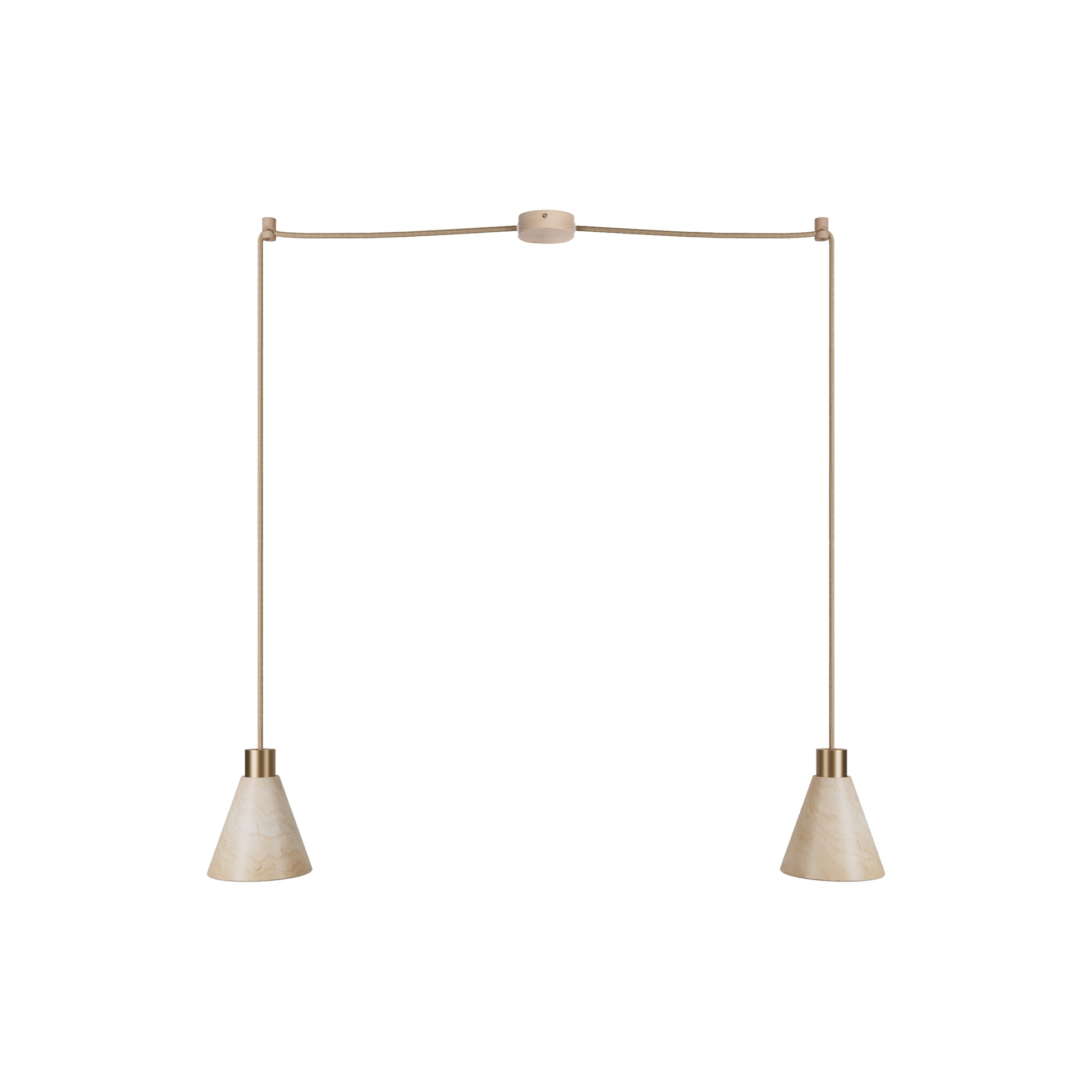 Lampada a sospensione a 2 cadute con paralumi conici in legno - Bronzo satinato