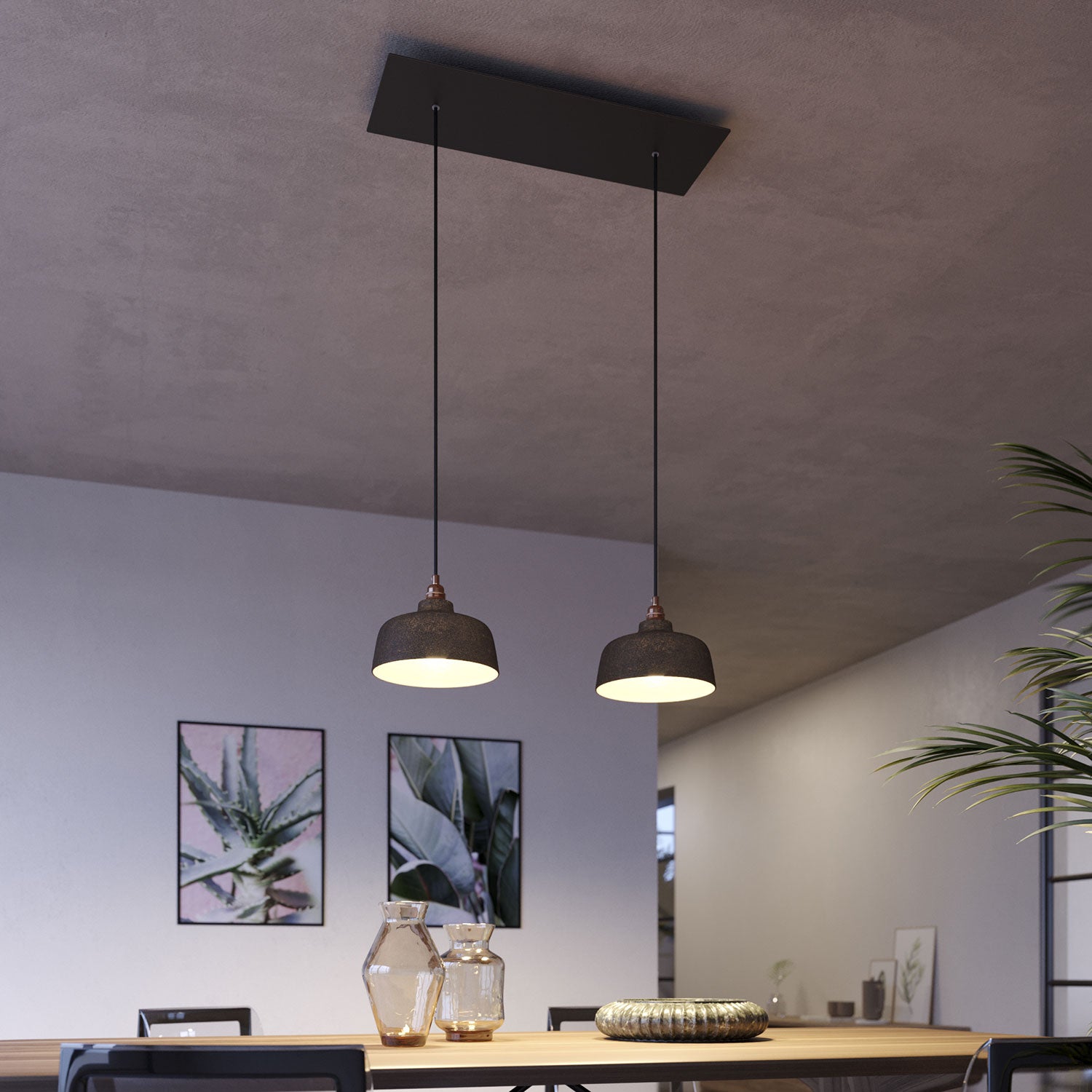 Lampada a sospensione a 2 cadute con XXL Rose-One rettangolare 675 mm con paralume Coppa - Nero opaco