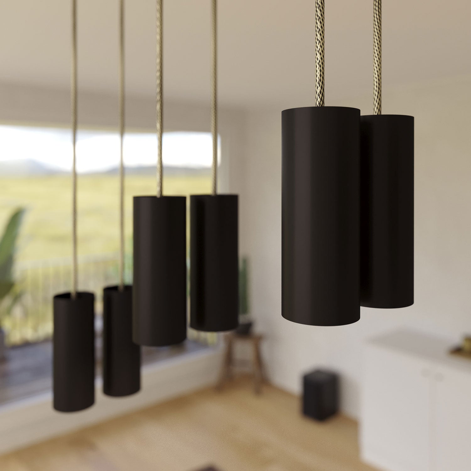 Lampada a sospensione a 6 cadute con XXL Rose-One rettangolare 675 mm con paralume in metallo Tub-E14 - Nero opaco