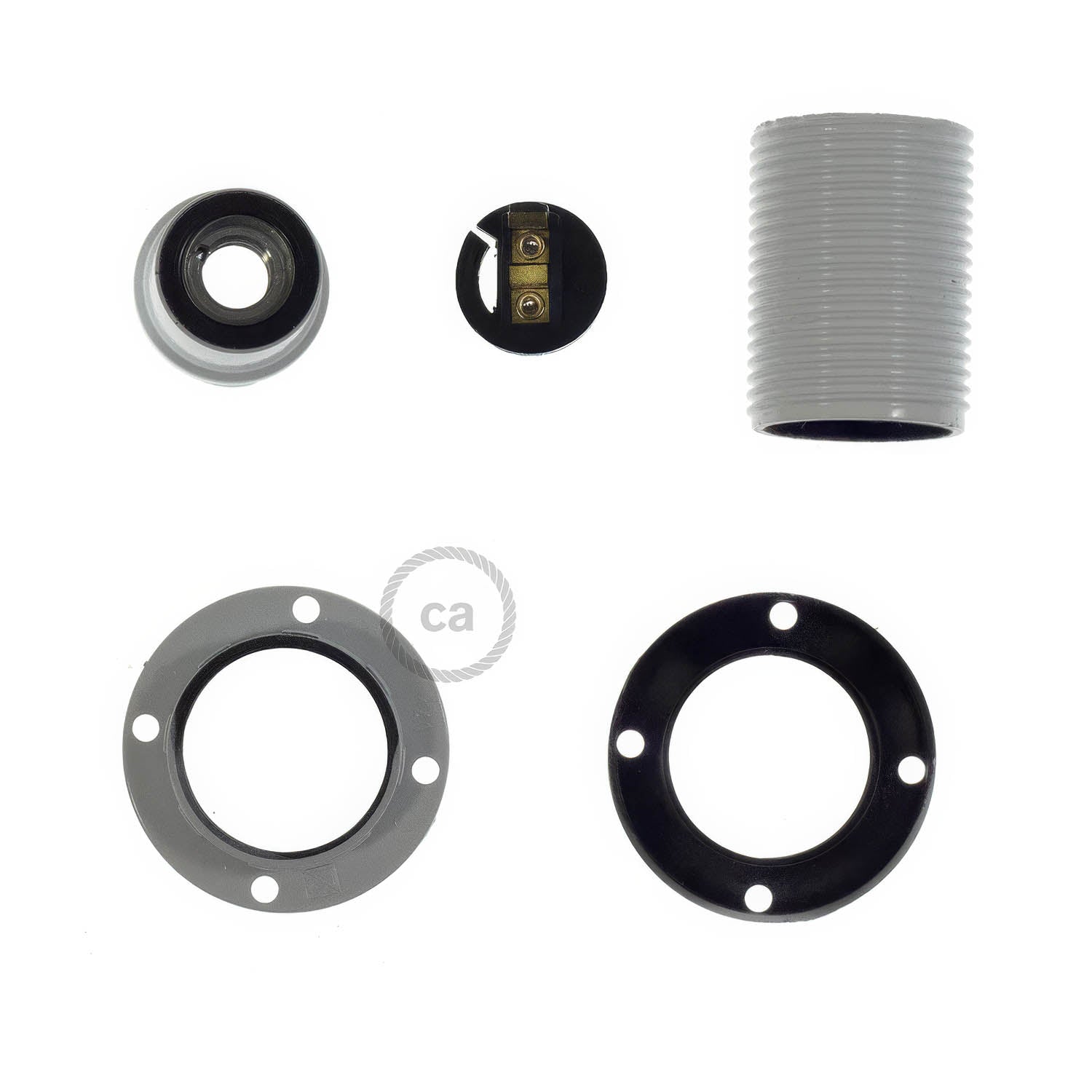 Kit portalampada E14 in bakelite con doppia ghiera per paralume - Bianco