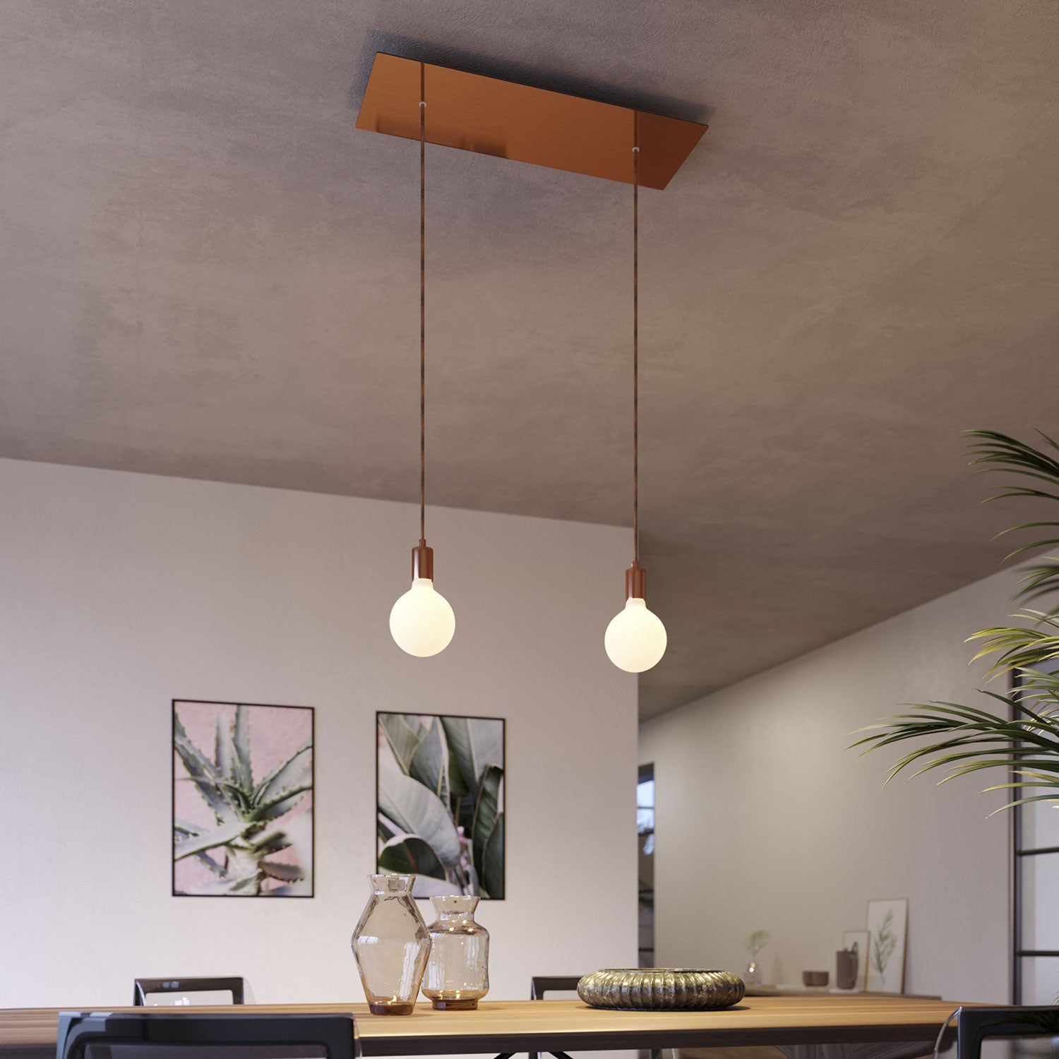 Lampada a sospensione a 2 cadute con XXL Rose - One rettangolare 675 mm con finiture in metallo - Rame satinato - Creative Cables