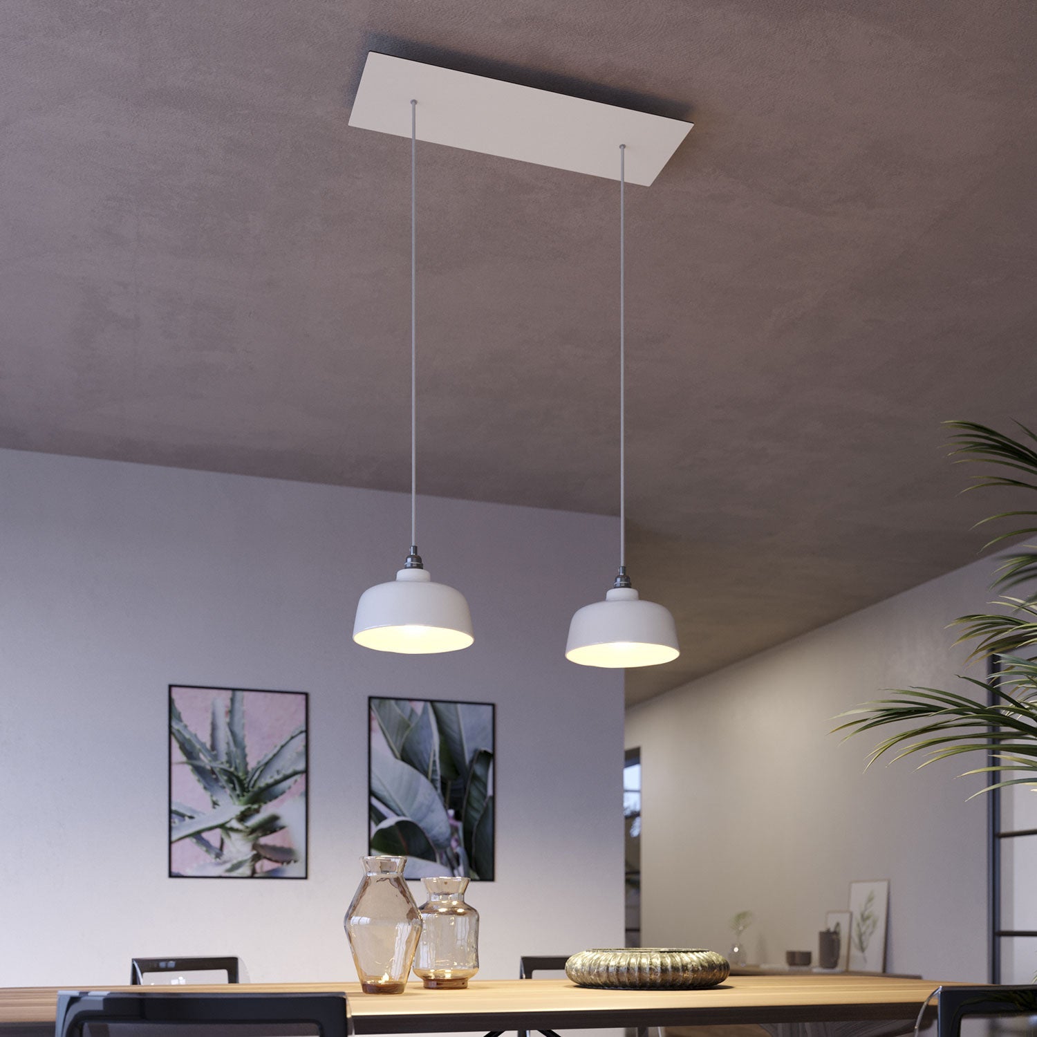 Lampada a sospensione a 2 cadute con XXL Rose - One rettangolare 675 mm con paralume Coppa - Bianco opaco - Creative Cables