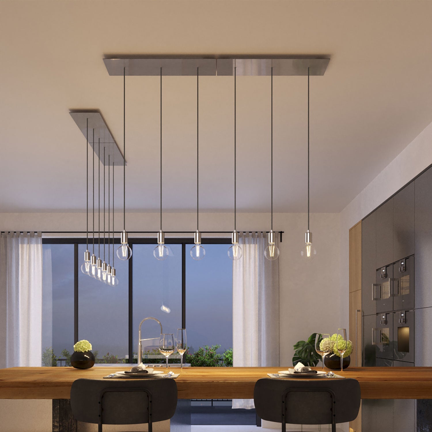 Lampada a sospensione a 3 cadute con XXL Rose - One rettangolare 675 mm con finiture in metallo - Acciaio satinato - Creative Cables