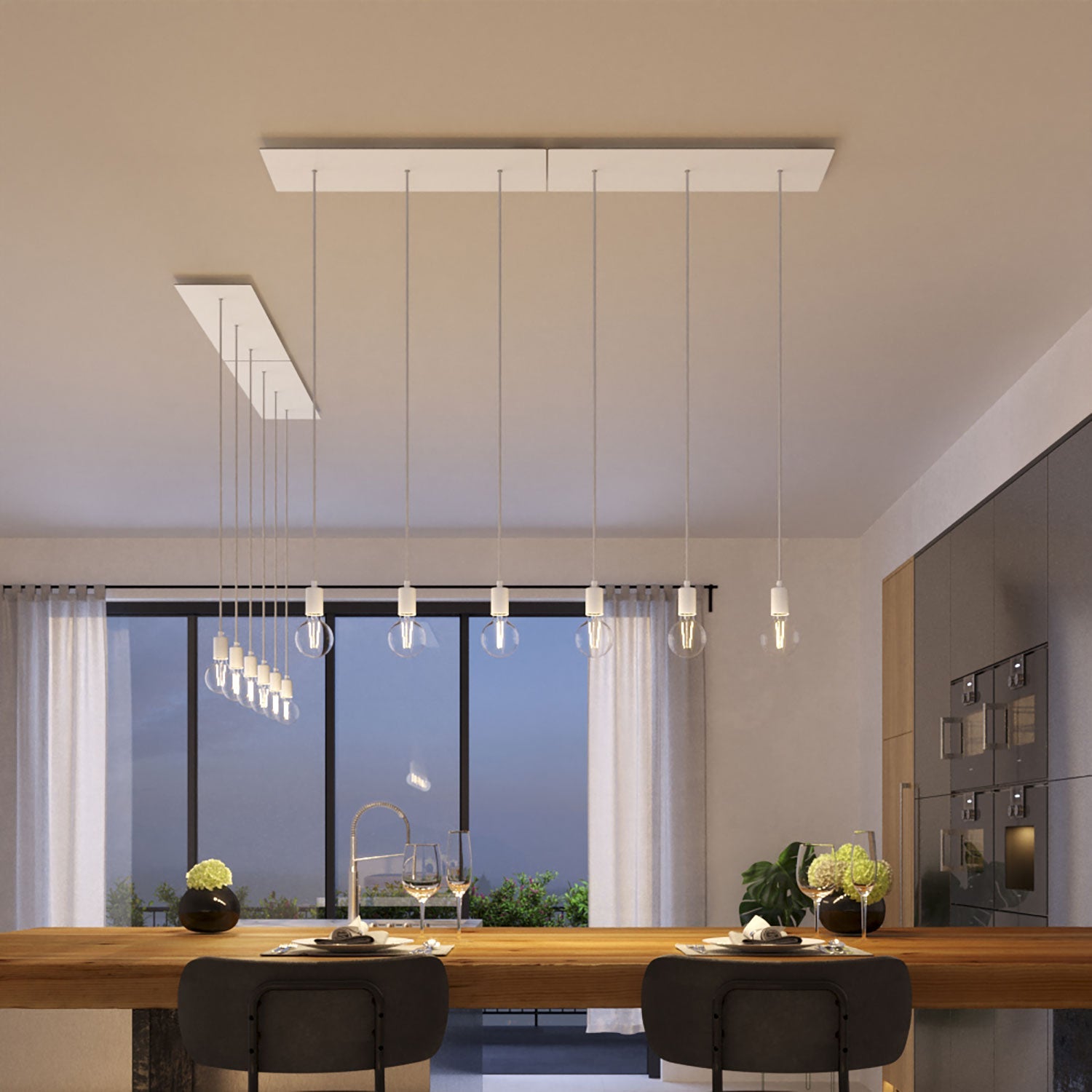 Lampada a sospensione a 3 cadute con XXL Rose - One rettangolare 675 mm con finiture in metallo - Bianco opaco - Creative Cables