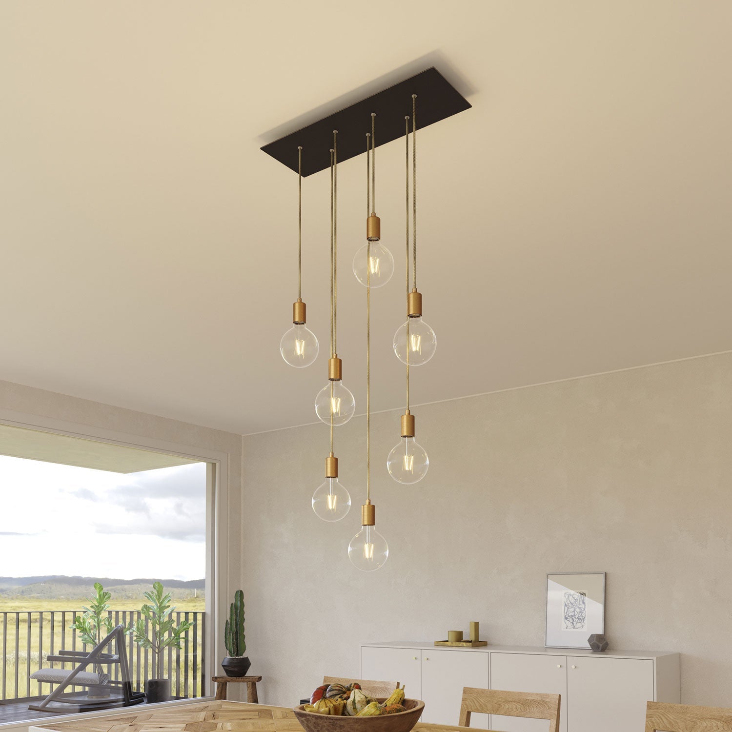 Lampada a sospensione a 7 cadute con XXL Rose - One rettangolare 675 mm con finiture in metallo - Nero opaco - Creative Cables