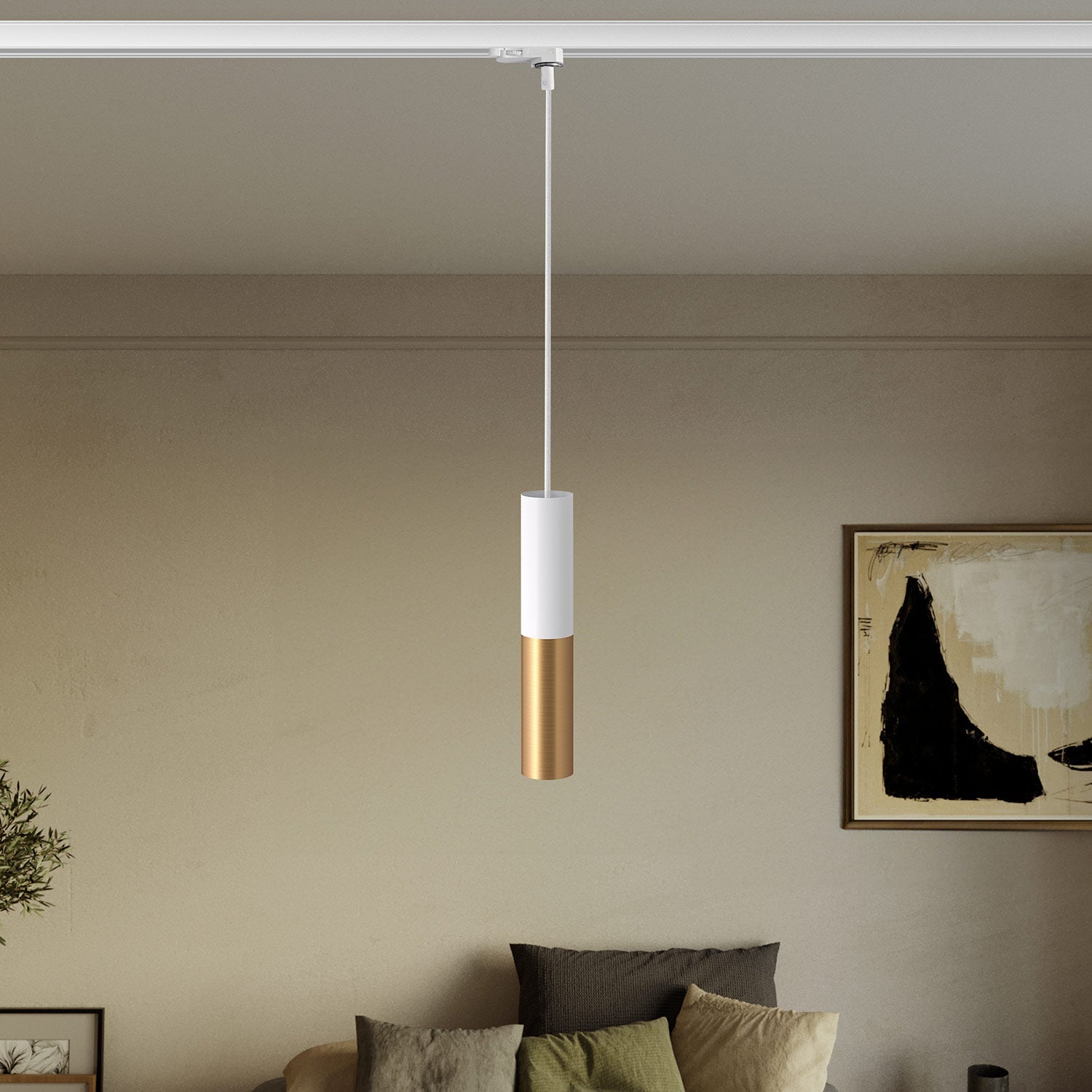 Lampada a sospensione per binari con doppio paralume Tub-E14 - Bianco e Bronzo satinato