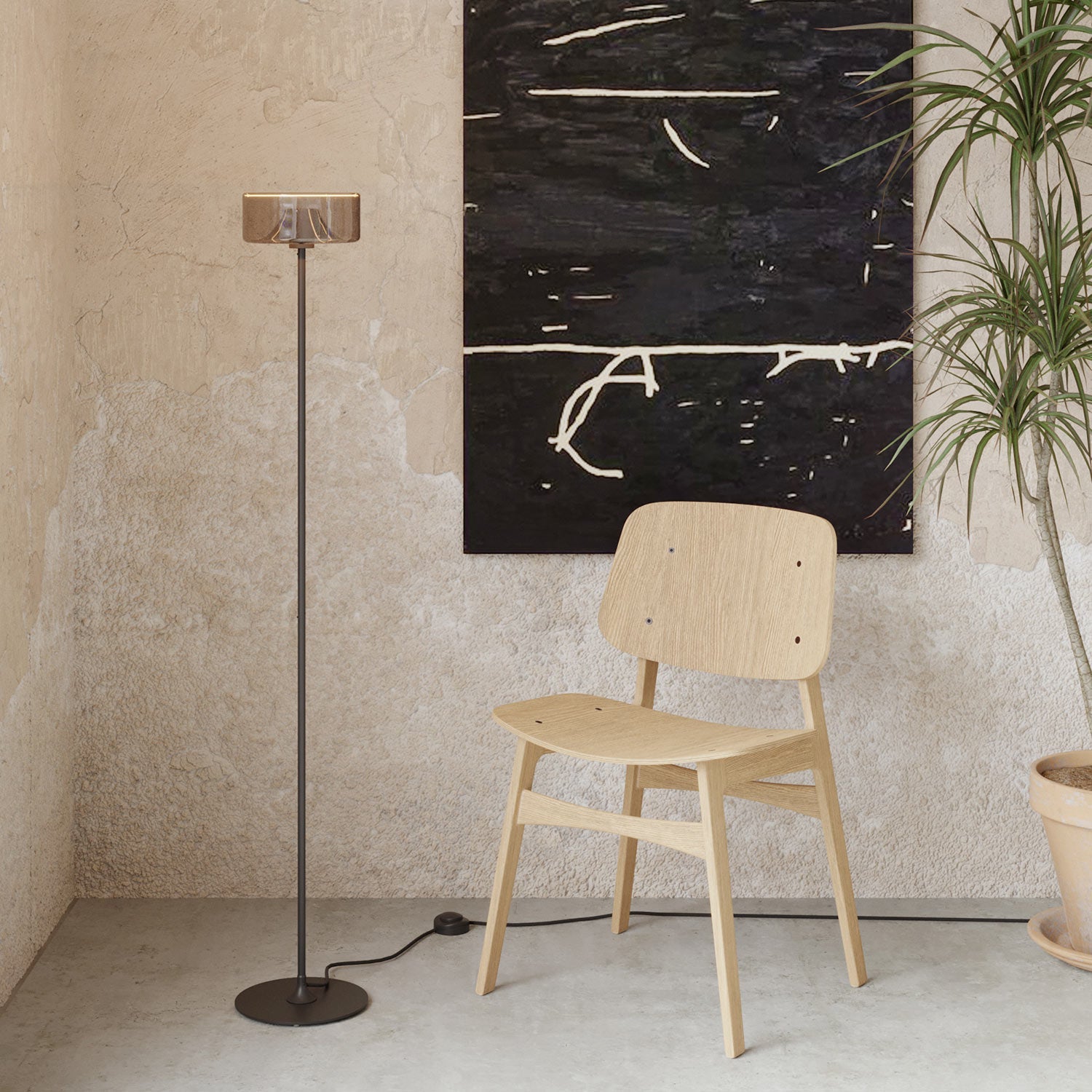 Lampada da terra MAG-Y con base metallica tonda e lampadina Ghost smoky - Nero