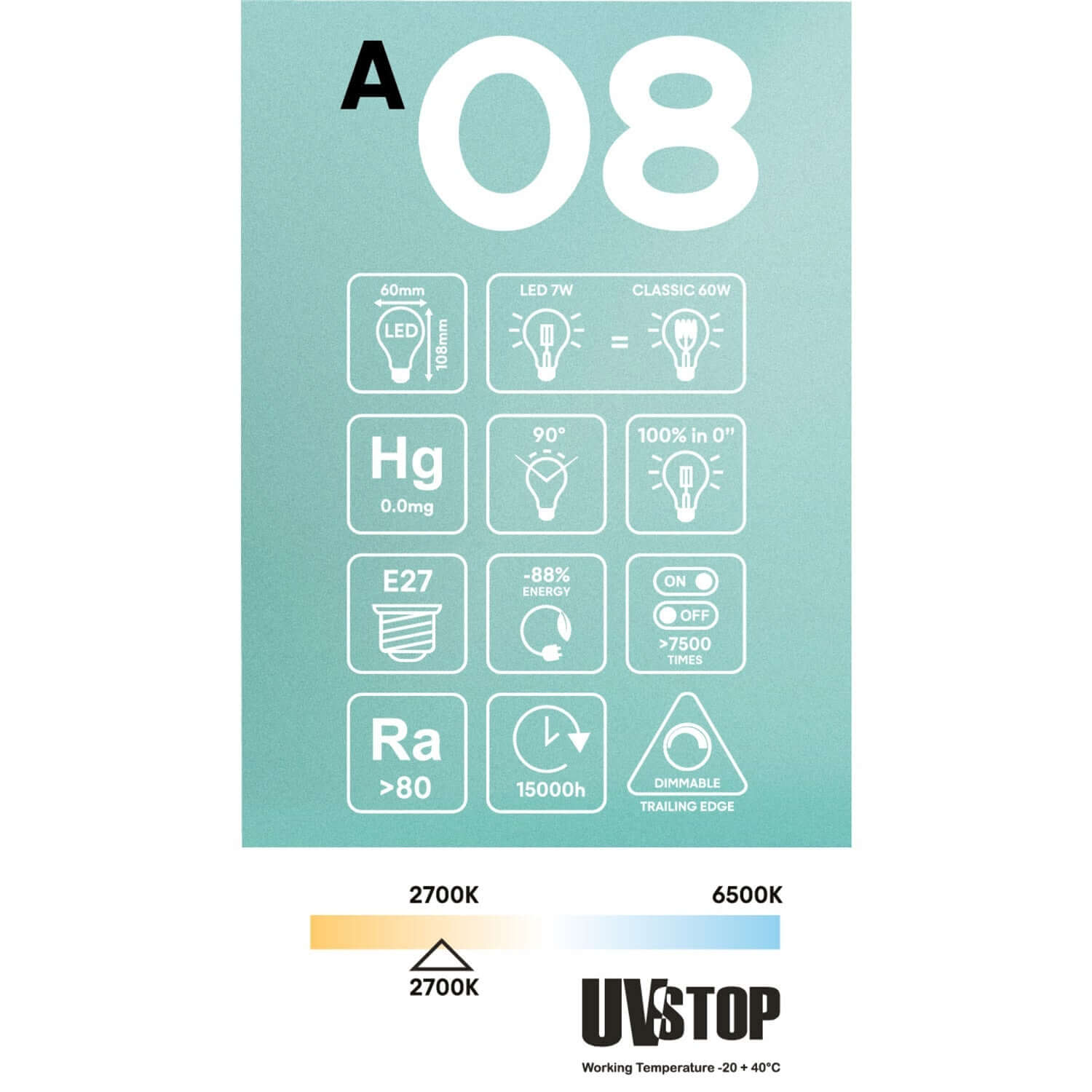 Lampadina LED Half Frosted Lens Goccia A60 7W 806Lm 2700K Dimmerabile - A08