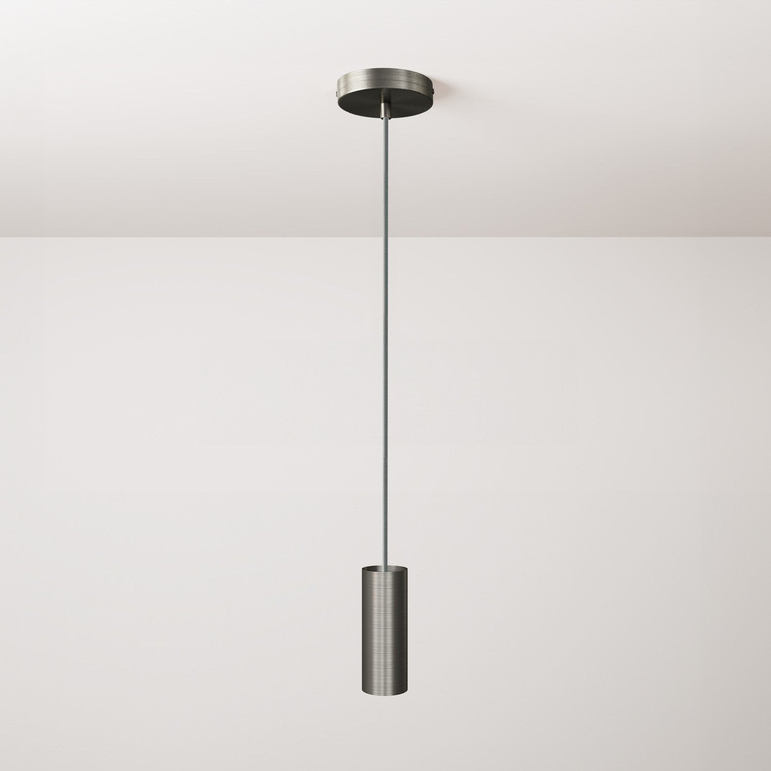 Pendant lamp with textile cable, Tub-E12 lampshade and metal details - Brushed titanium
