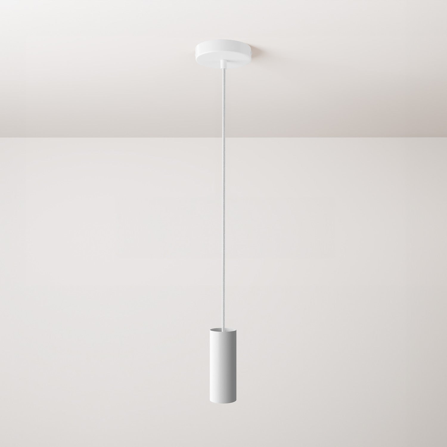 Lampada a sospensione completa di cavo tessile, paralume Tub-E14 e finiture in metallo - Bianco