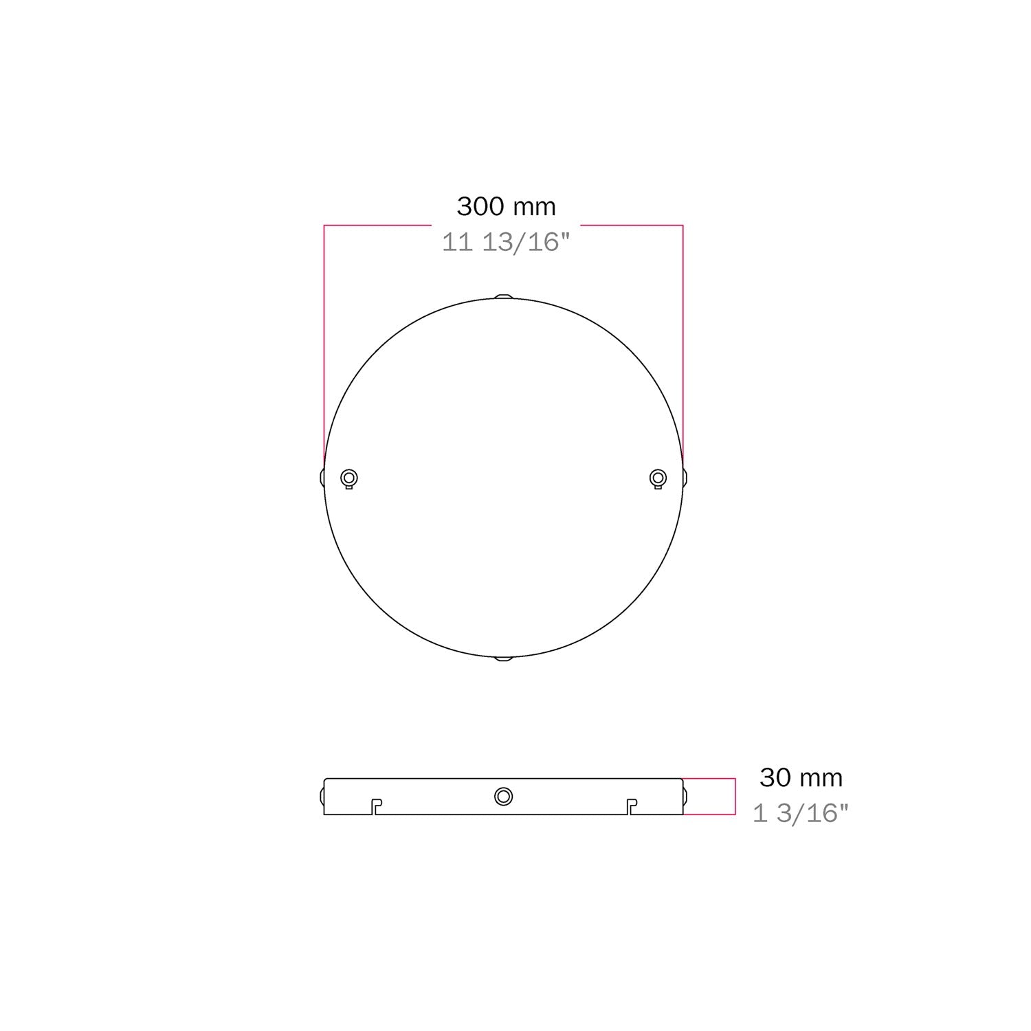 Rosone rotondo in alluminio Ø 30 cm con staffa e cavo di messa a terra, con 2 fori frontali - Bianco Opaco 4